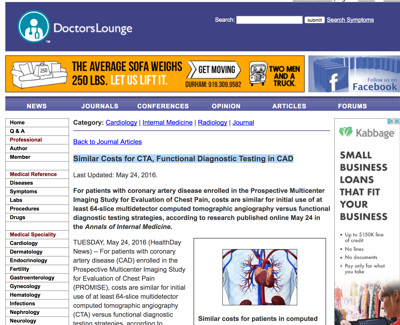 Similar Costs for CTA, Functional Diagnostic Testing in CAD